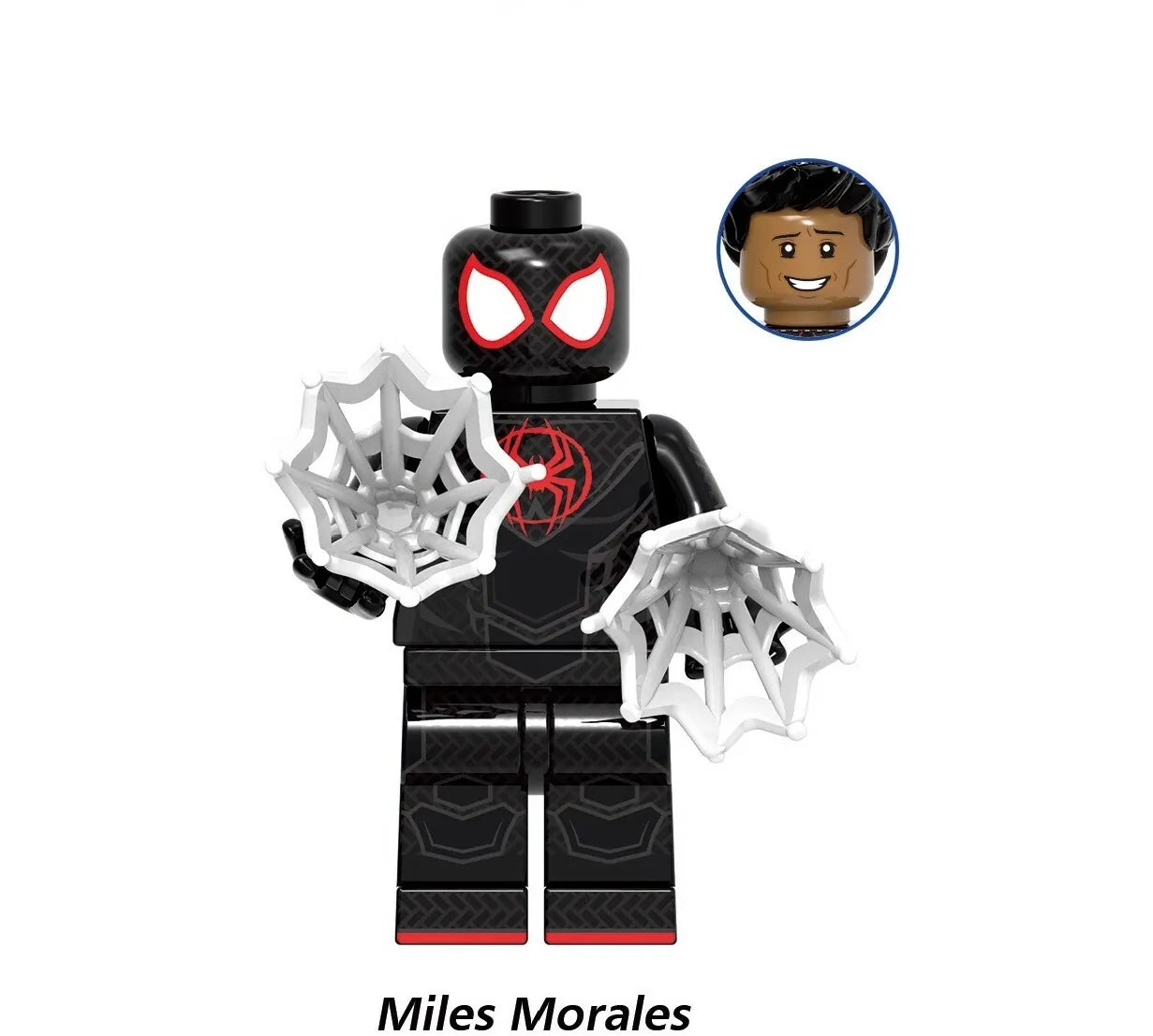 Custom LEGO Miles Morales minifigure featuring his black and red Spider-Man suit, complete with web-shooters and a unique expression, embodying the dynamic and youthful spirit of the beloved superhero.