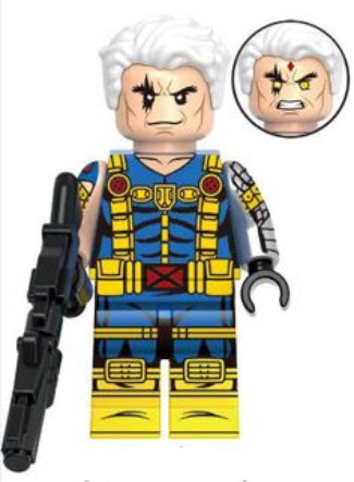 Cable LEGO minifigure, cyber mutant hero, future warrior minifig, laser eye LEGO toy, robotic arm minifigure, custom mutant soldier, fan-made Marvel figure, LEGO-compatible superhero
