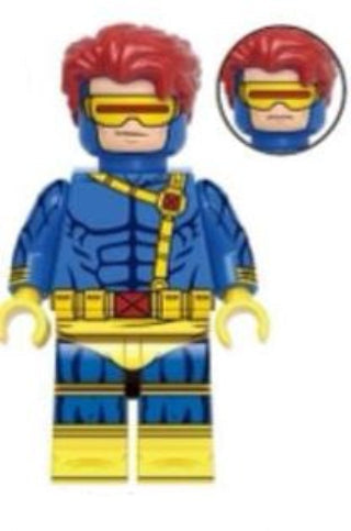 Cyclops LEGO minifigure, optic blast superhero figure, mutant team leader minifig, blue visor custom LEGO, fan-made Marvel minifig, laser eye brick toy, X-Men style figure, custom mutant commander