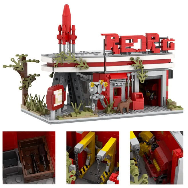 "Fallout Red Rocket Truck Stop MOC1572 built with LEGO-compatible bricks, featuring 880 pieces"