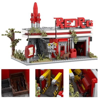 "Fallout Red Rocket Truck Stop MOC1572 built with LEGO-compatible bricks, featuring 880 pieces"