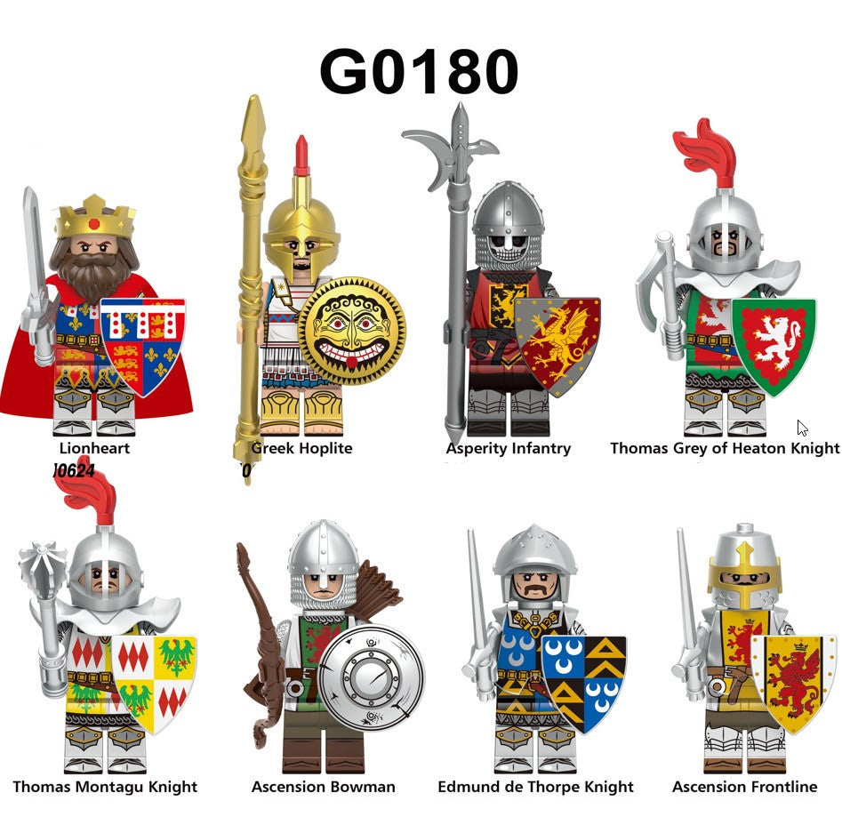 Medieval Custom LEGO Minifigure Set of 8 with Lionheart, Hoplite, Knights, and Archers – High-Quality ABS Plastic