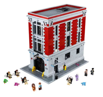 "Ghostbusters Firehouse MOC building compatible with LEGO 75827 with red facade and open-back interior"