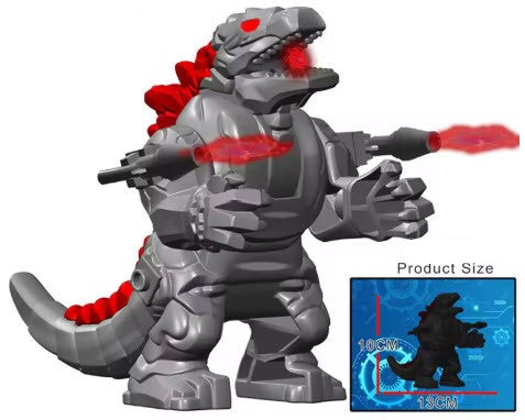 Custom minifigure of a mechanical atomic dragon monster in silver armor, compatible with LEGO building sets.