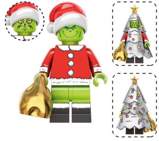 "LEGO-compatible holiday Grinch minifig with Christmas bag and angry face"