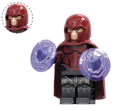 Magneto Custom LEGO Minifigure with Red and Purple Armor, Flowing Cape, and Helmet – High-Quality ABS Plastic