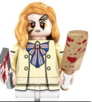 Custom LEGO M3GAN minifigure inspired by the movie M3GAN with blonde hair, blue eyes, and bow-detailed dress for horror and sci-fi fans.