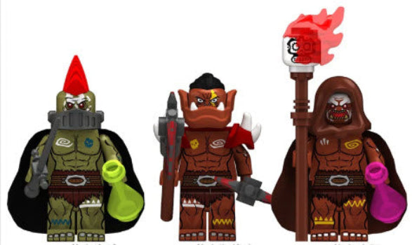 Custom orc mage minifigure with staff and cloak, compatible with LEGO fantasy sets