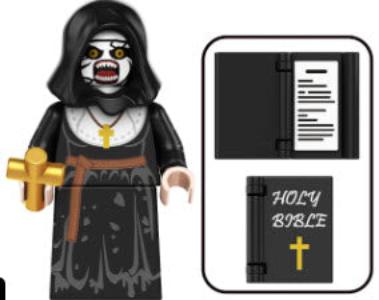 Custom LEGO minifigure inspired by The Nun from The Conjuring with black-and-white habit, yellow eyes, and eerie expression for horror collectors.