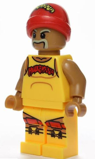 "Hulk Hogan custom LEGO minifigure with yellow tank top, red bandana, and mustache"