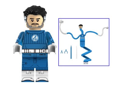 Mr Fantastic LEGO minifigure, stretchy superhero minifig, Fantastic Four custom figure, elastic hero LEGO, genius scientist minifigure, fan-made Marvel figure, blue suit superhero toy, LEGO compatible superhero
