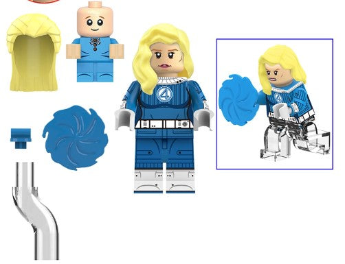 Invisible Woman custom LEGO minifigure with blue suit, blonde hair, and translucent force-field accessory