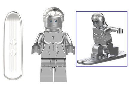 Silver Surfer custom LEGO minifigure with silver surfboard and metallic finish