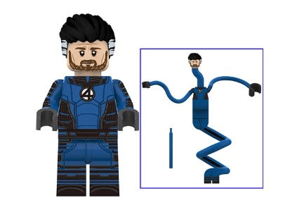 mr fantastic LEGO minifig, elastic superhero toy, stretchable scientist LEGO-compatible figure