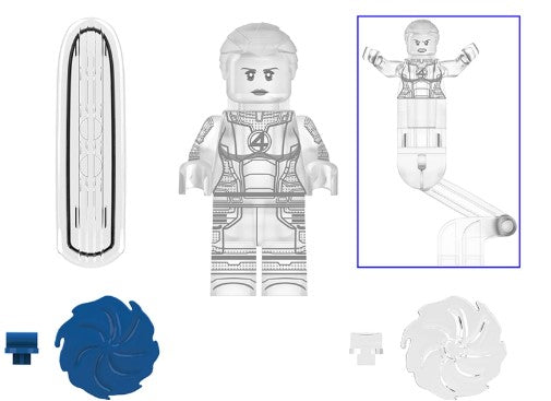 invisible woman LEGO minifig, forcefield heroine toy, blue suit female hero LEGO-compatible figure