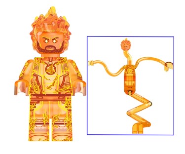 Human Torch LEGO minifigure, flame hero custom figure, fire-powered superhero minifig, fan-made Fant