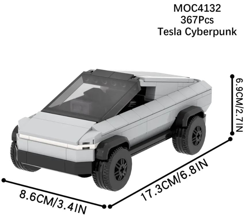 LEGO blocks Tesla Cybertruck building set with detailed features of the futuristic electric vehicle, including angular design and realistic wheels.