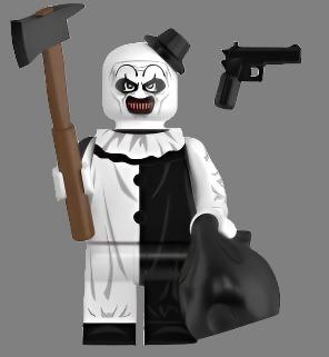 Custom Lego minifigure of Art the Clown from Terrifier,” “horror movie Lego figure,” etc.