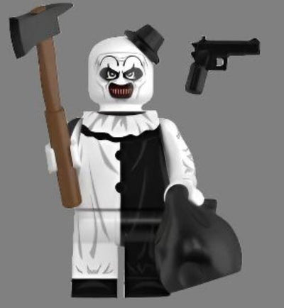 Custom Lego minifigure of Art the Clown from Terrifier,” “horror movie Lego figure,” etc.