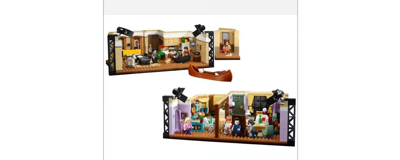 Custom LEGO Friends show apartment minifigure depicting the iconic Central Perk scene, featuring detailed furniture like the orange couch and coffee table, along with recognizable decor elements that capture the essence of the beloved sitcom.