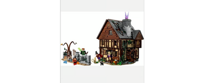 Custom LEGO Hocus Pocus house minifigure featuring the iconic Sanderson sisters' cottage, complete with whimsical architectural details, a thatched roof, and enchanted elements, capturing the magic of the beloved film