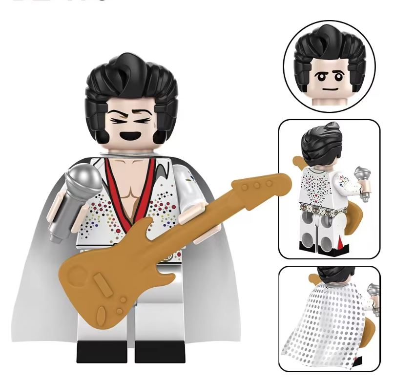 “Custom rock and roll legend minifigure with white jumpsuit and microphone accessory, LEGO-compatible”