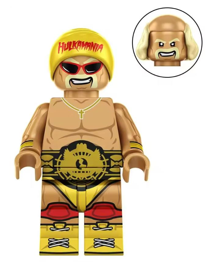 “Custom wrestling legend minifigure with yellow outfit, mustache, and championship belt, LEGO-compatible”