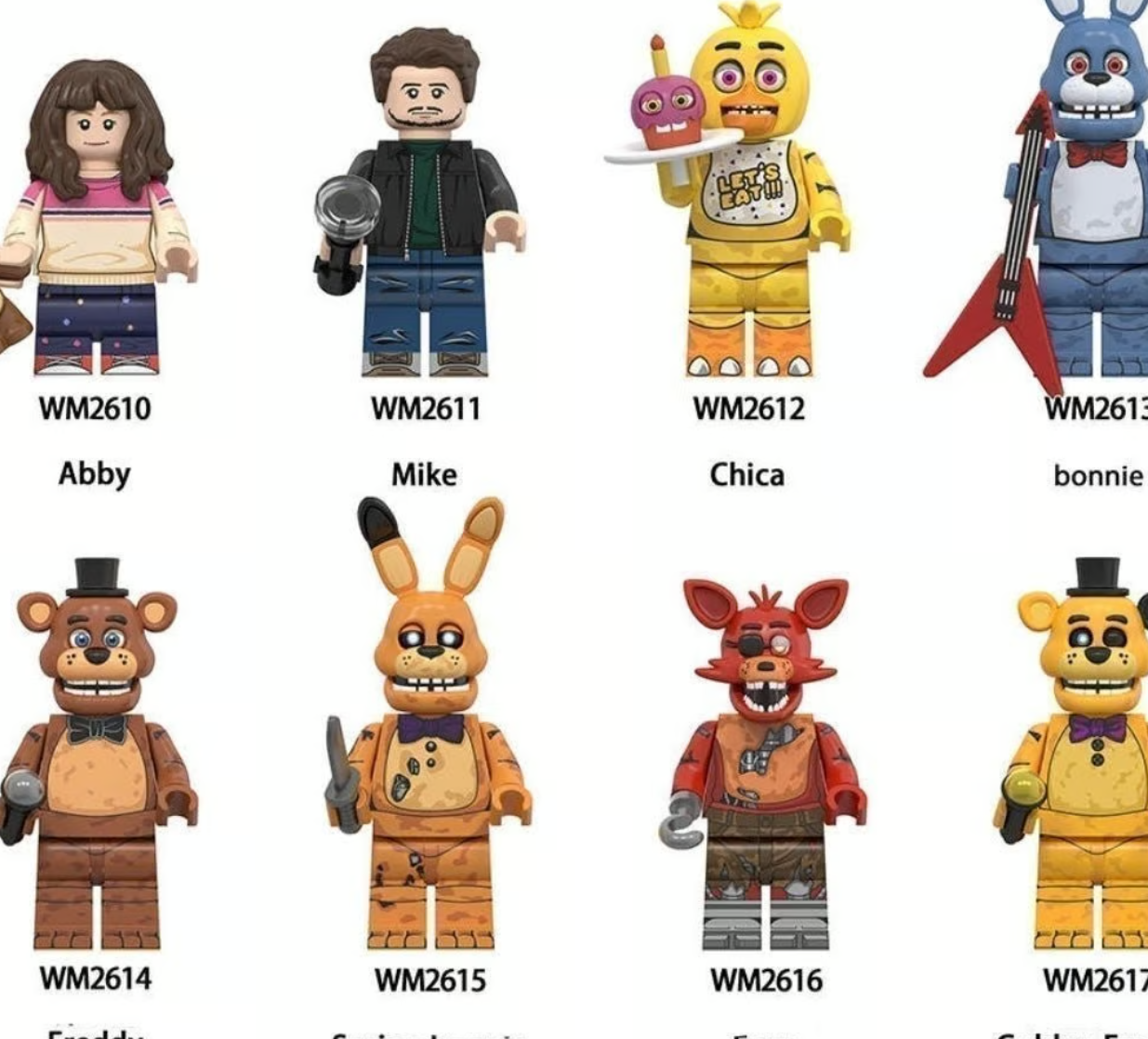 Five Nights at Freddy’s Custom LEGO Minifigure Set of 8 - Abby, Mike, Freddy, Chica, Bonnie, Foxy, Spring Bonnie, and Golden Freddy