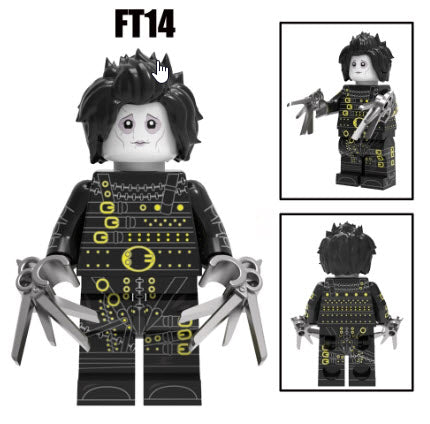 "Edward Scissorhands custom LEGO minifigure in black leather suit with scissor hands"