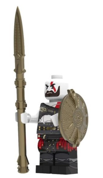 Kratos LEGO minifigure  
mythic warrior custom figure  
fan made god of war toy  
spartan rage minifig  
red war paint LEGO compatible  
ancient greek hero brick toy  
axe wielding warrior minifig  
video game inspired LEGO custom  
