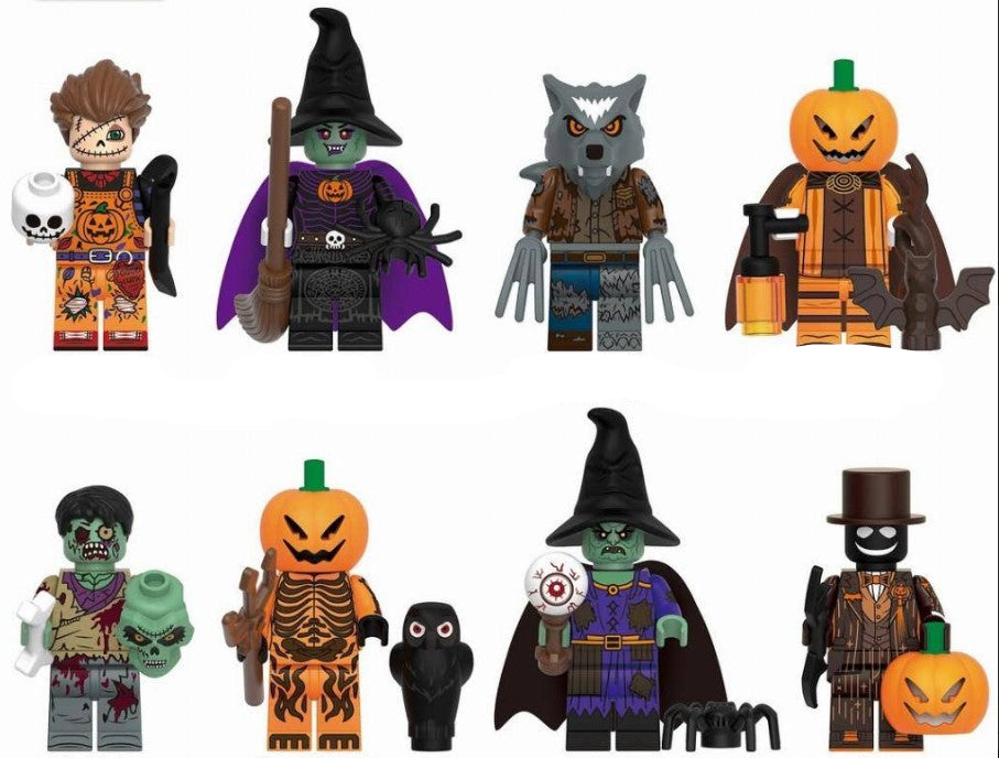 halloween minifigure set LEGO, spooky custom minifig pack, witch zombie werewolf LEGO-compatible figures