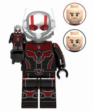 "Ant-Man custom LEGO minifigure in red and black suit with helmet and microfigure"
