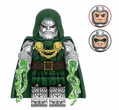 "Doctor Doom custom LEGO minifigure with green cloak, silver mask, and armor detailing"