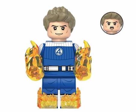 "Human Torch custom LEGO minifigure with blue Fantastic Four suit and flame effects"
