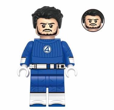 "Mister Fantastic custom LEGO minifigure in blue Fantastic Four suit with '4' emblem and graying sideburns"