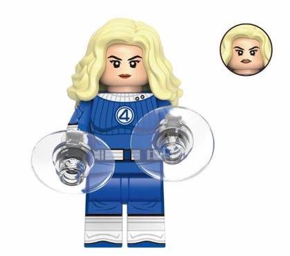 "Invisible Woman custom LEGO minifigure with blue suit, blonde hair, and translucent force-field accessory"