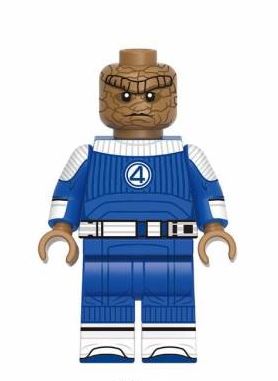 "The Thing custom LEGO minifigure with orange rocky texture and classic blue shorts"