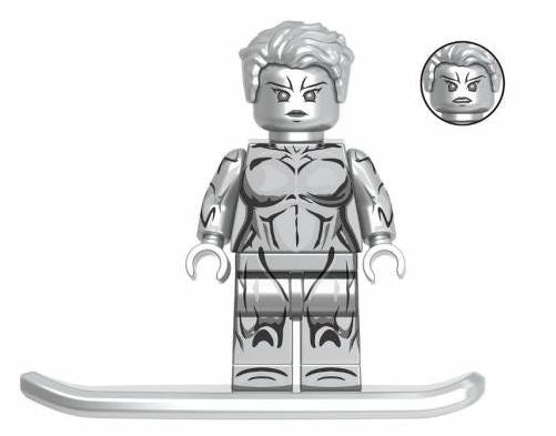 "Female Silver Surfer custom LEGO minifigure with chrome silver body and surfboard accessory"