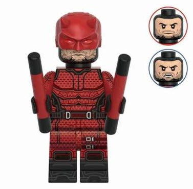 "Daredevil Born Again custom LEGO minifigure in red and black suit with mask and batons"