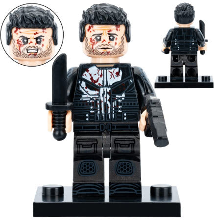 "Punisher Born Again custom LEGO minifigure with skull vest, tactical armor, and rifle"