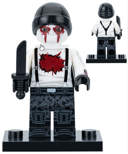 "Muse Born Again custom LEGO minifigure with white mask and black hoodie"