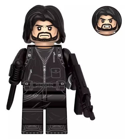 Custom Winter Soldier minifigure with metal arm and tactical gear, compatible with LEGO Marvel sets