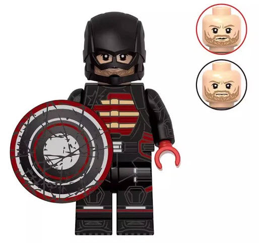 Custom U.S. Agent minifigure with shield and black tactical suit, compatible with LEGO bricks