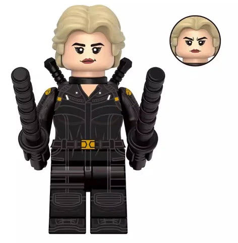 Custom female spy minifigure with blonde hair and tactical outfit, compatible with LEGO sets

