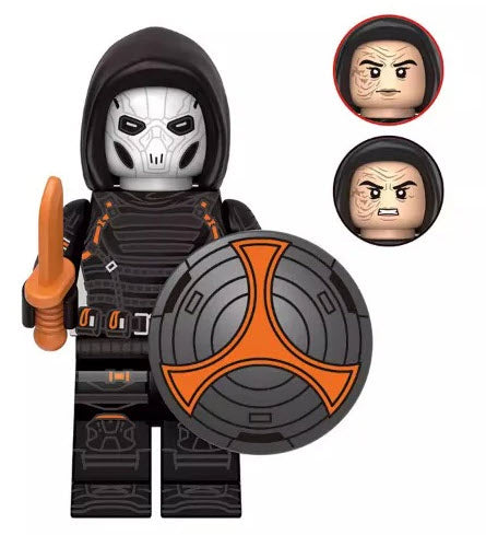 Custom Taskmaster-style minifigure with hood, sword, and shield gear, compatible with LEGO bricks