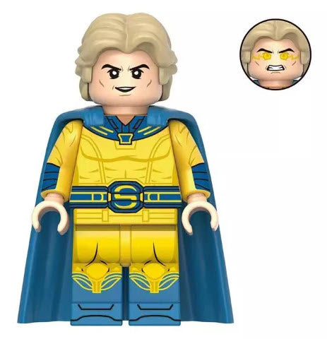 Custom Sentry-inspired minifigure with yellow suit, cape, and glowing blue emblem, LEGO-compatible