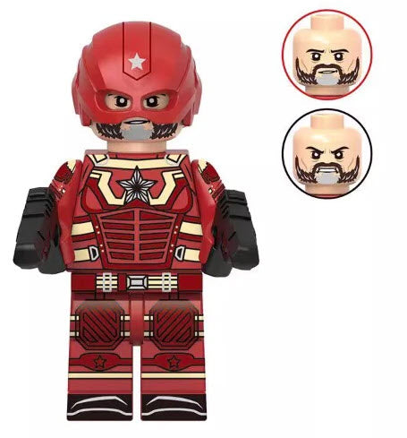 Custom Red Guardian-style minifigure with red tactical suit and shield, compatible with LEGO bricks