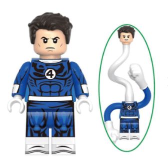 Mr Fantastic LEGO minifigure, stretchy superhero minifig, Fantastic Four custom figure, elastic hero LEGO, genius scientist minifigure, fan-made Marvel figure, blue suit superhero toy, LEGO compatible superhero
