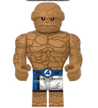 Thing LEGO minifigure, orange rock superhero figure, fan-made Fantastic Four figure, brick powerhouse minifig, custom Marvel superhero, LEGO compatible mutant, Ben Grimm inspired toy, rock-skinned hero figure

