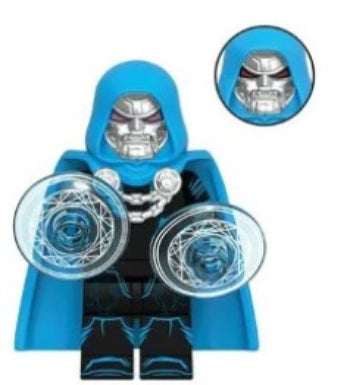 Doctor Doom LEGO minifigure, armored villain custom LEGO, green cloak monarch figure, fan-made Fantastic Four enemy, Marvel villain inspired toy, metal mask brick figure, LEGO compatible villain
